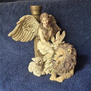 Peaceful Angel Figurine with Lion and Lamb "The Peaceable Kingdom" Candle Holder